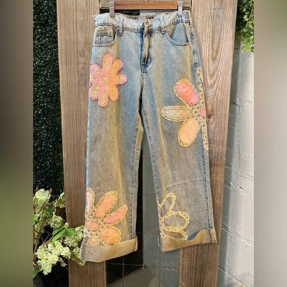 Blue and Pink Flare Jeans with Artistic Butterfly Design - Picture 5 of 15